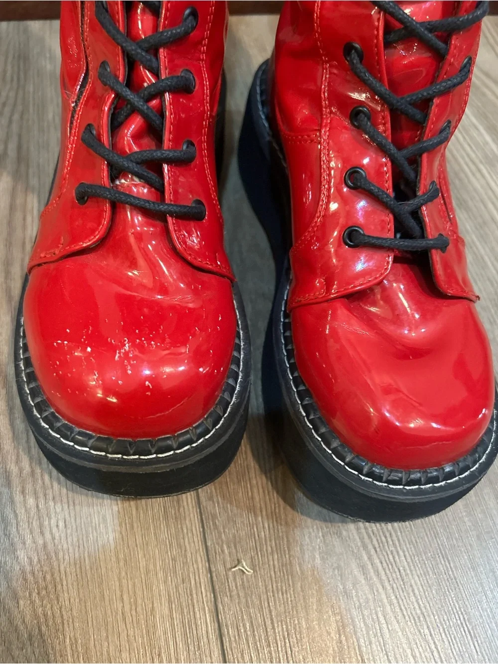 Demonia Emily-375 Red Patent Knee High Platform Lace Up Boots Womens 12